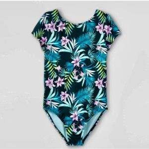 Girl’s tropical print open back short sleeve one piece Swimsuit Art Class M 7/8